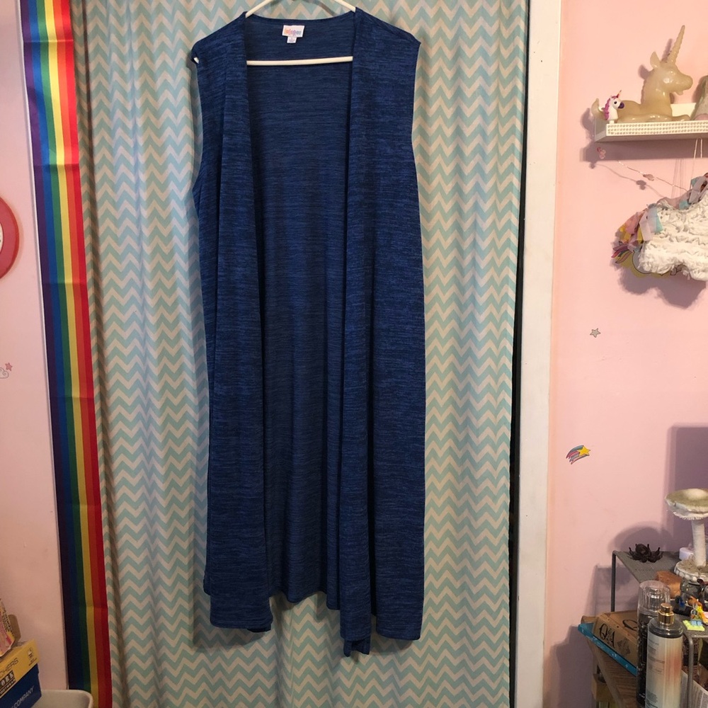 Lularoe Simply Comfortable Joy blue open front cardigan vest duster space dye